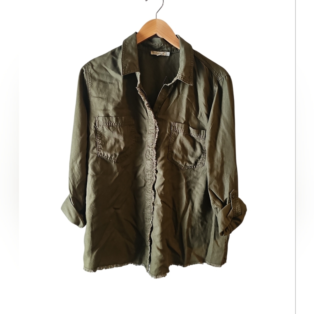 Chicos 3 Twill Fringe Hem Shirt Olive Green Sz 16 XL WT109 - Picture 5 of 9